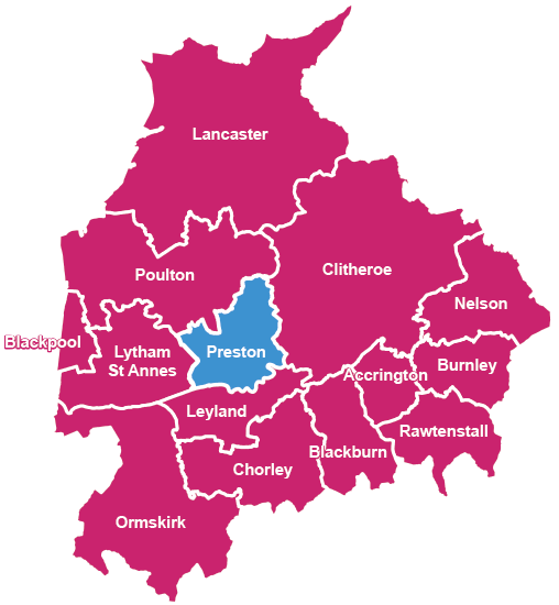 map of Lancashire and highlighting fostering in Preston